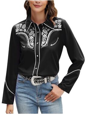 Women's Black Western Embroidered Button-Up Shirt